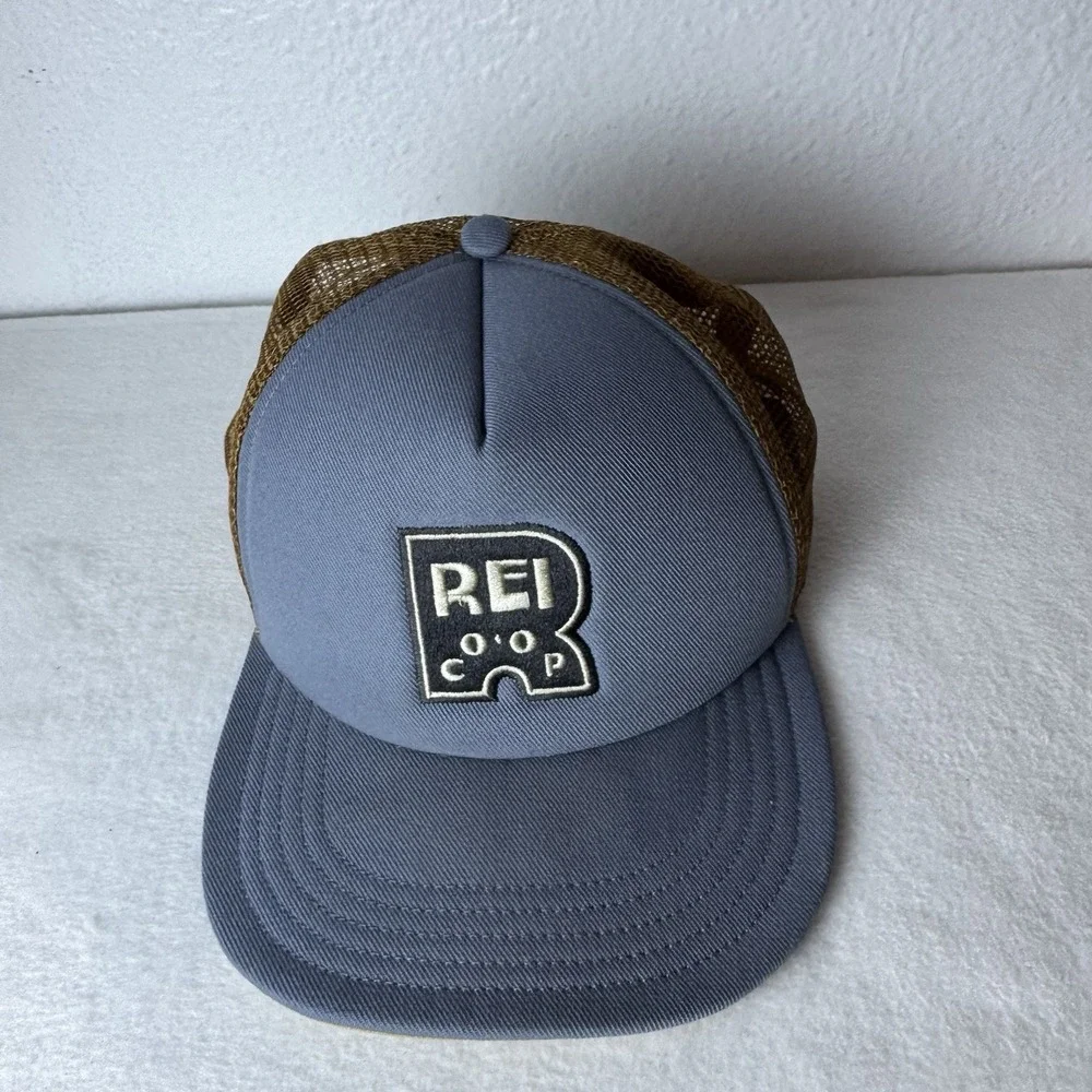 REI CO-OP  Trucker Hat One Size Adjustable Snapback Blue Brown Cap Mesh Back